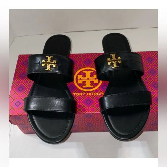 Tory Burch Black Leather Slides with Gold Emblem - Picture 5 of 5